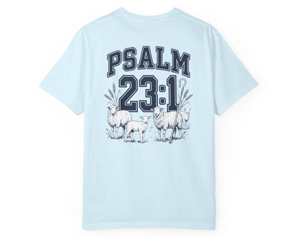 Chambray Psalm 23:1 faith shirt with shepherd graphic design and scripture text shown on model