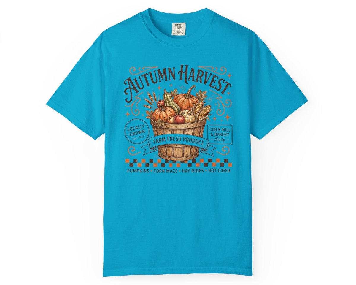 Autumn harvest pumpkin farm graphic tee in Sapphire — heavyweight garment-dyed cotton t-shirt