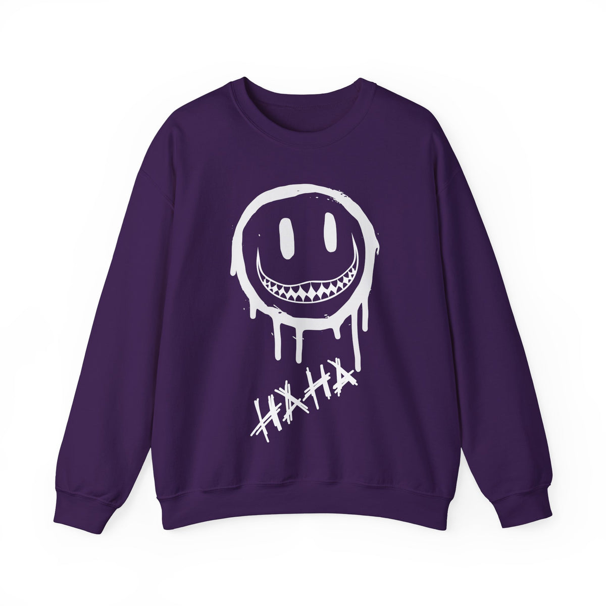 A purple crewneck sweatshirt featuring a white dripping smiley face graphic with sharp teeth and the word 'HAHA' written below it, displayed on a clean white background.