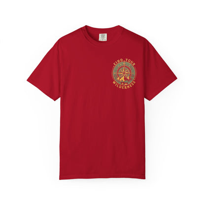 Red t-shirt with a compass design and text on a white background