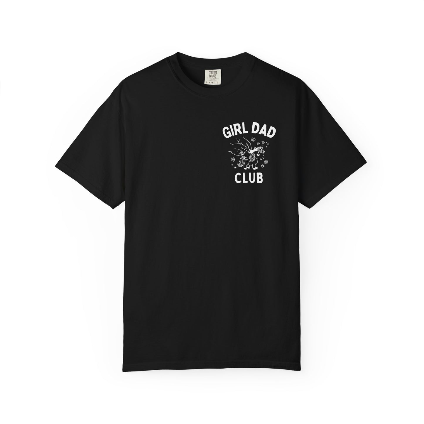 Girl Dad Club black t-shirt with graphic print on a plain background