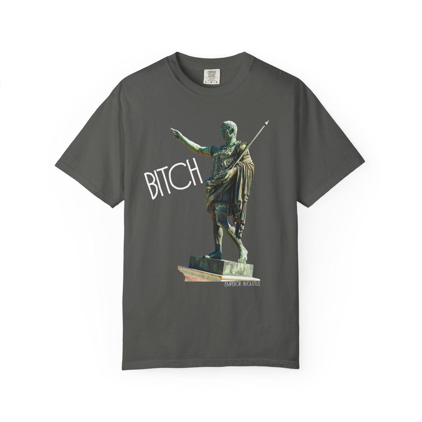 pepper t-shirt with a graphic of a statue pointing and the word 'Bitch' on a white background