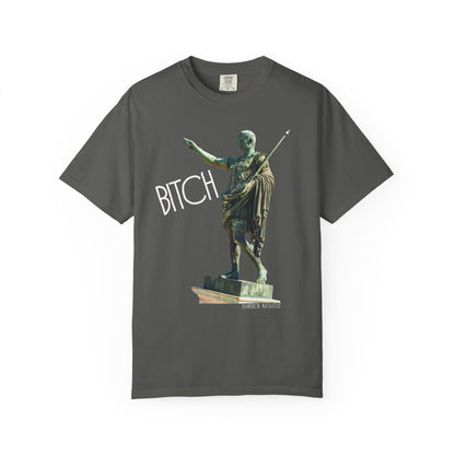 pepper t-shirt with a graphic of a statue pointing and the word 'Bitch' on a white background