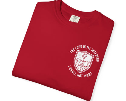 Red Psalm 23:1 faith shirt with shepherd graphic design and scripture text shown on model