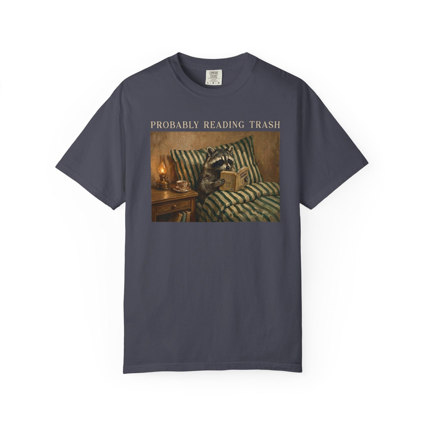 Raccoon Probably Reading Trash T-Shirt in Navy – Funny Bookish Graphic Tee
