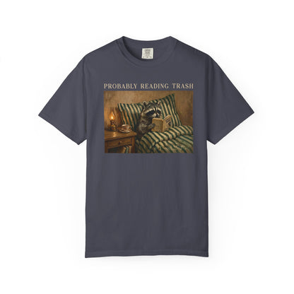 Raccoon Probably Reading Trash T-Shirt in Navy – Funny Bookish Graphic Tee