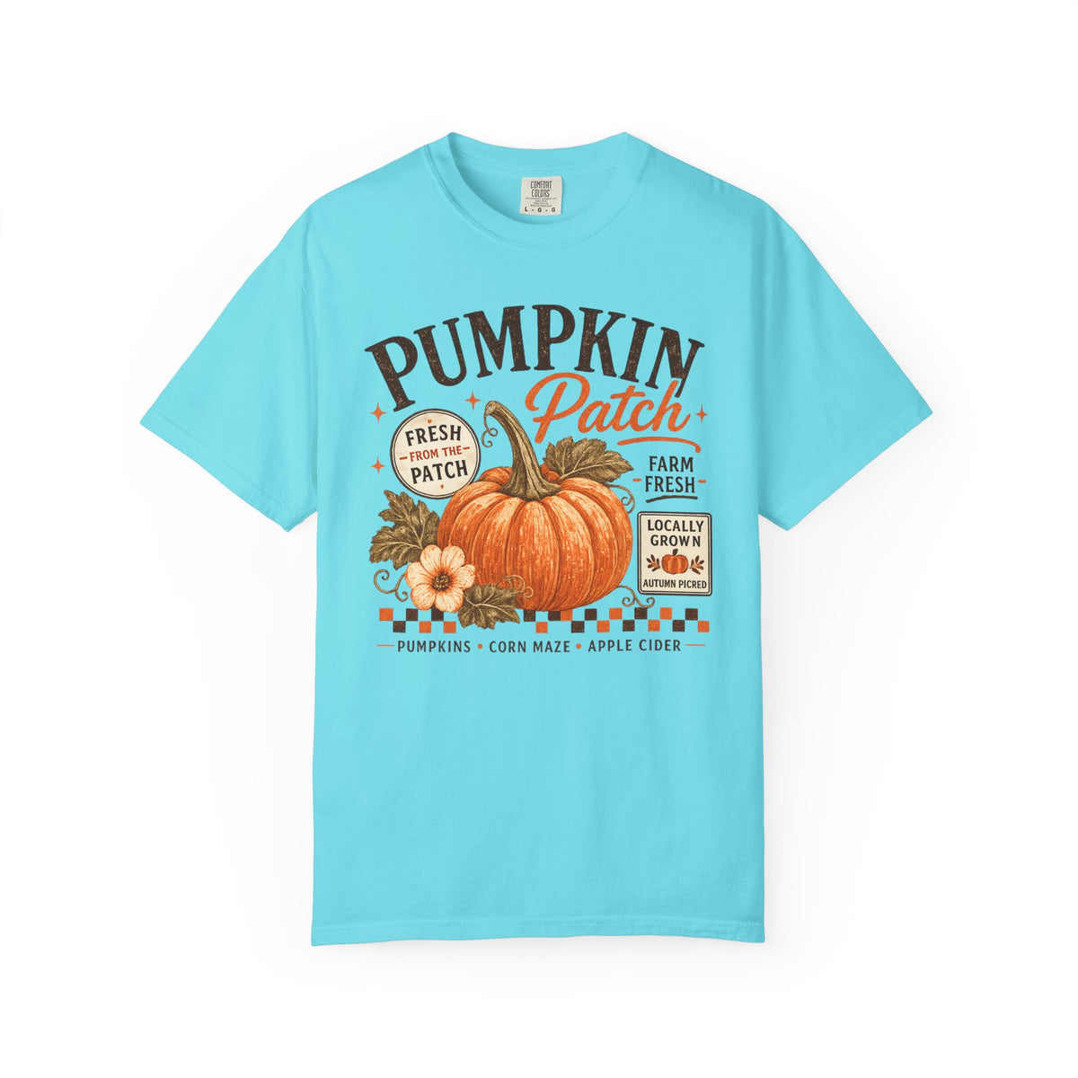 Farm fresh pumpkin patch graphic tee in Lagoon Blue — heavyweight garment-dyed cotton t-shirt