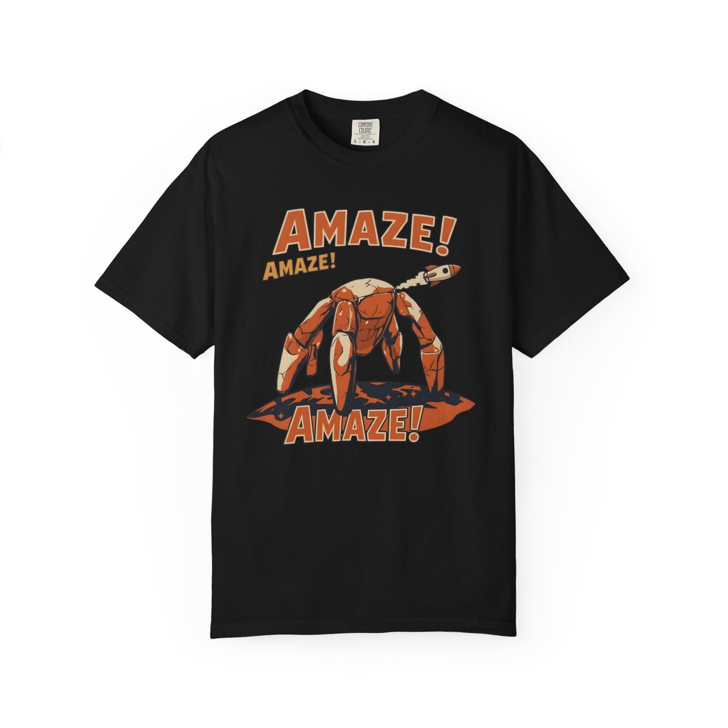 Amaze Rocky Comfort Colors Shirt in Black – sci-fi graphic tee, soft garment-dyed unisex fit