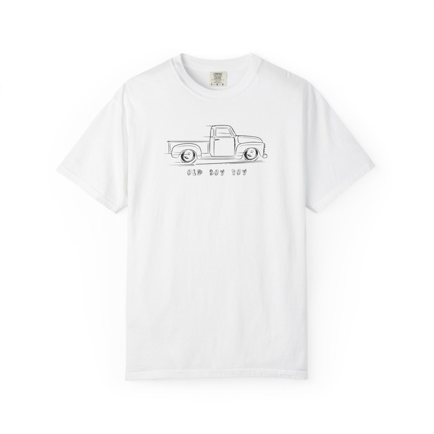 White t-shirt with a old truck design logo on a white background
