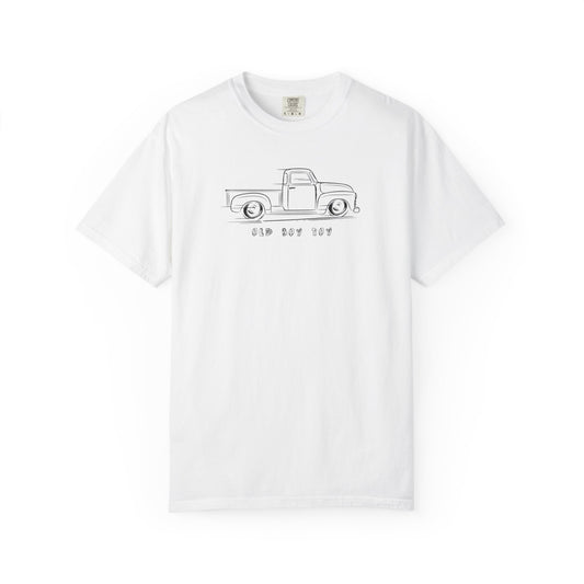 White t-shirt with a old truck design logo on a white background