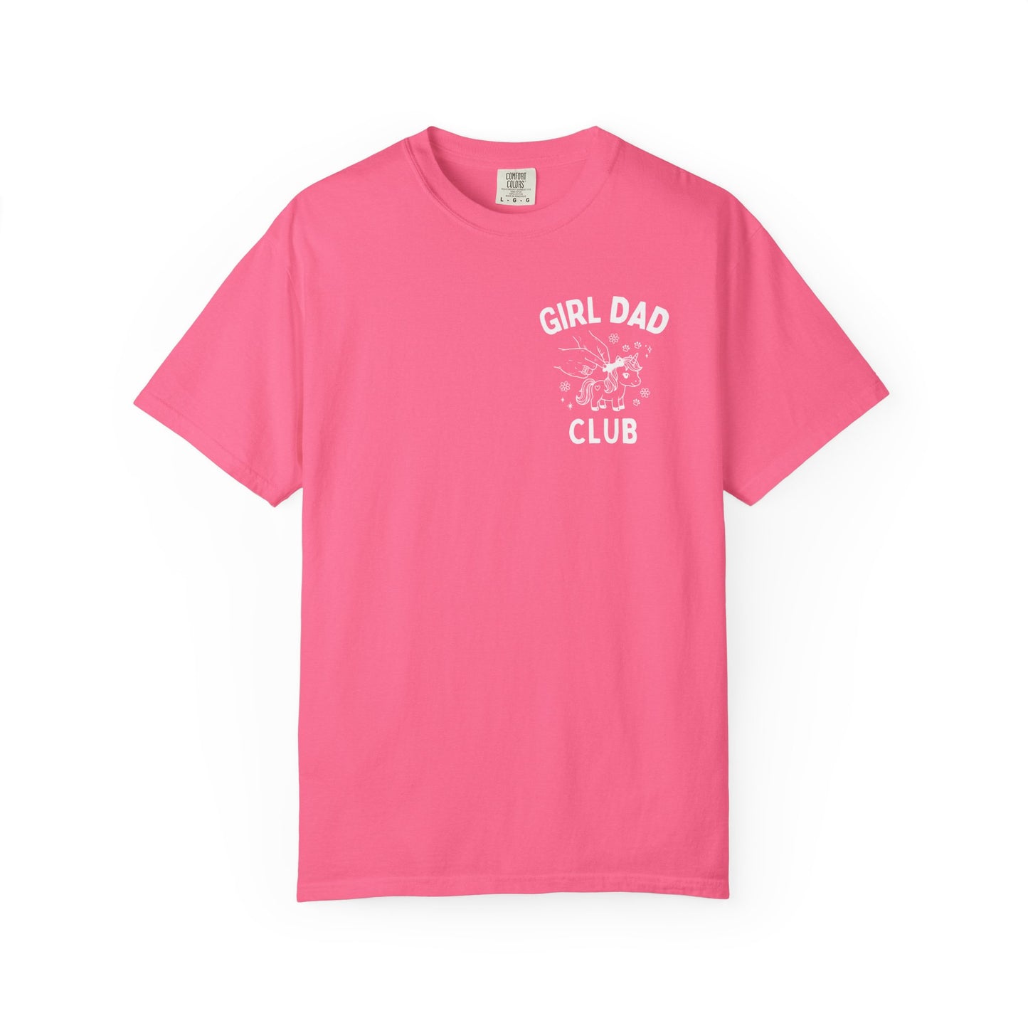 Girl Dad Club neon pink t-shirt with graphic print on a plain background