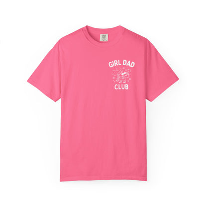 Girl Dad Club neon pink t-shirt with graphic print on a plain background