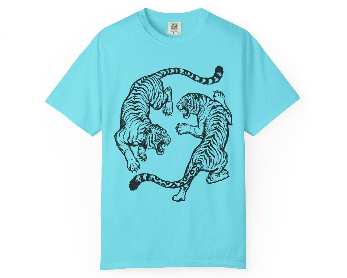 Lagoon Blue garment-dyed dual tiger graphic tee with vintage engraving style print 