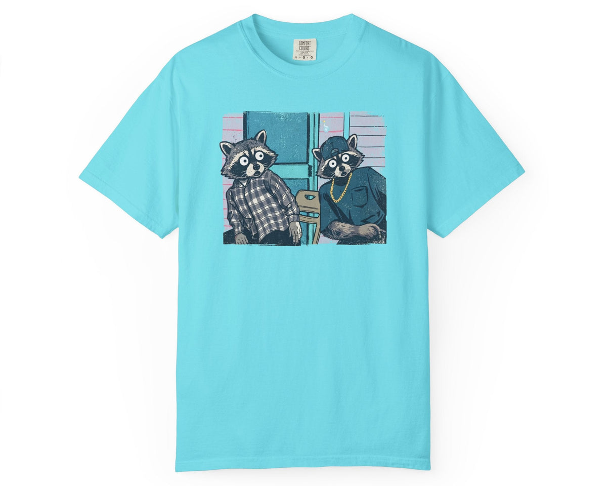 Two raccoon neighbors on a porch graphic tee in Lagoon Blue, vintage pastel illustration meme design