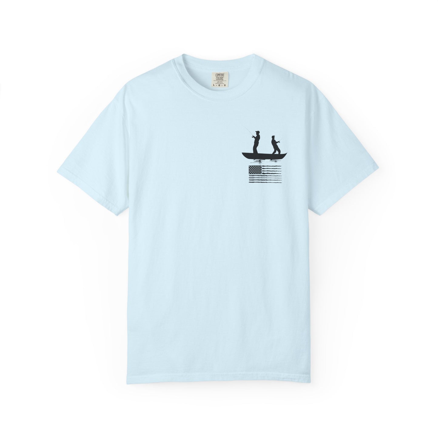 Fishing Flag T-Shirt in Chambray — American fishing gear graphic tee, front view