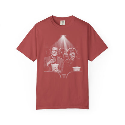 Frankenstein & Wolf Man Scary Movie Night T-Shirt in Crimson — garment-dyed horror movie tee
