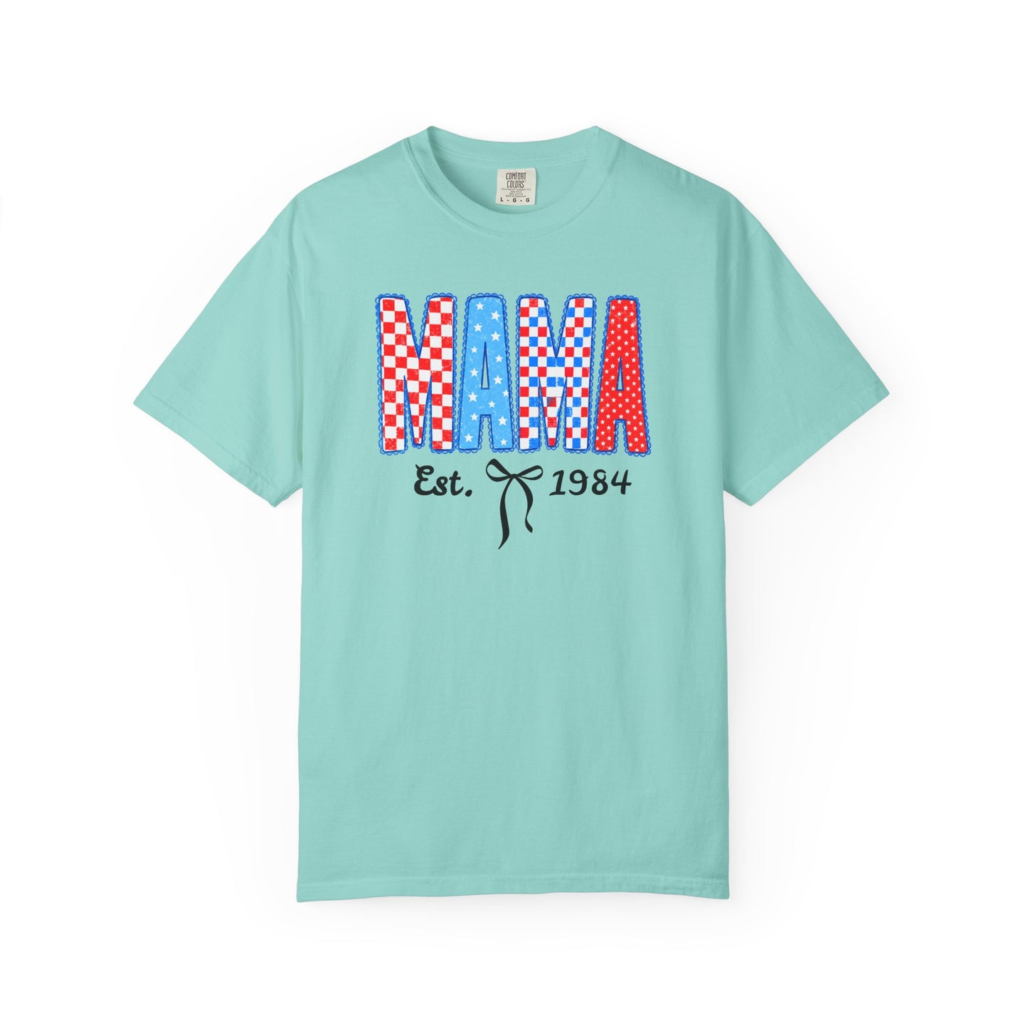 Mama Est. 1984 patriotic graphic t-shirt chalky mint— garment-dyed unisex tee with checker MAMA print