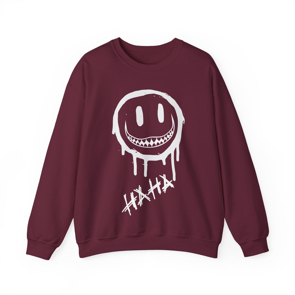 A crewneck sweatshirt in maroon with a white dripping smiley face graphic and the word 'HAHA' printed on the front, displayed against a plain white background.