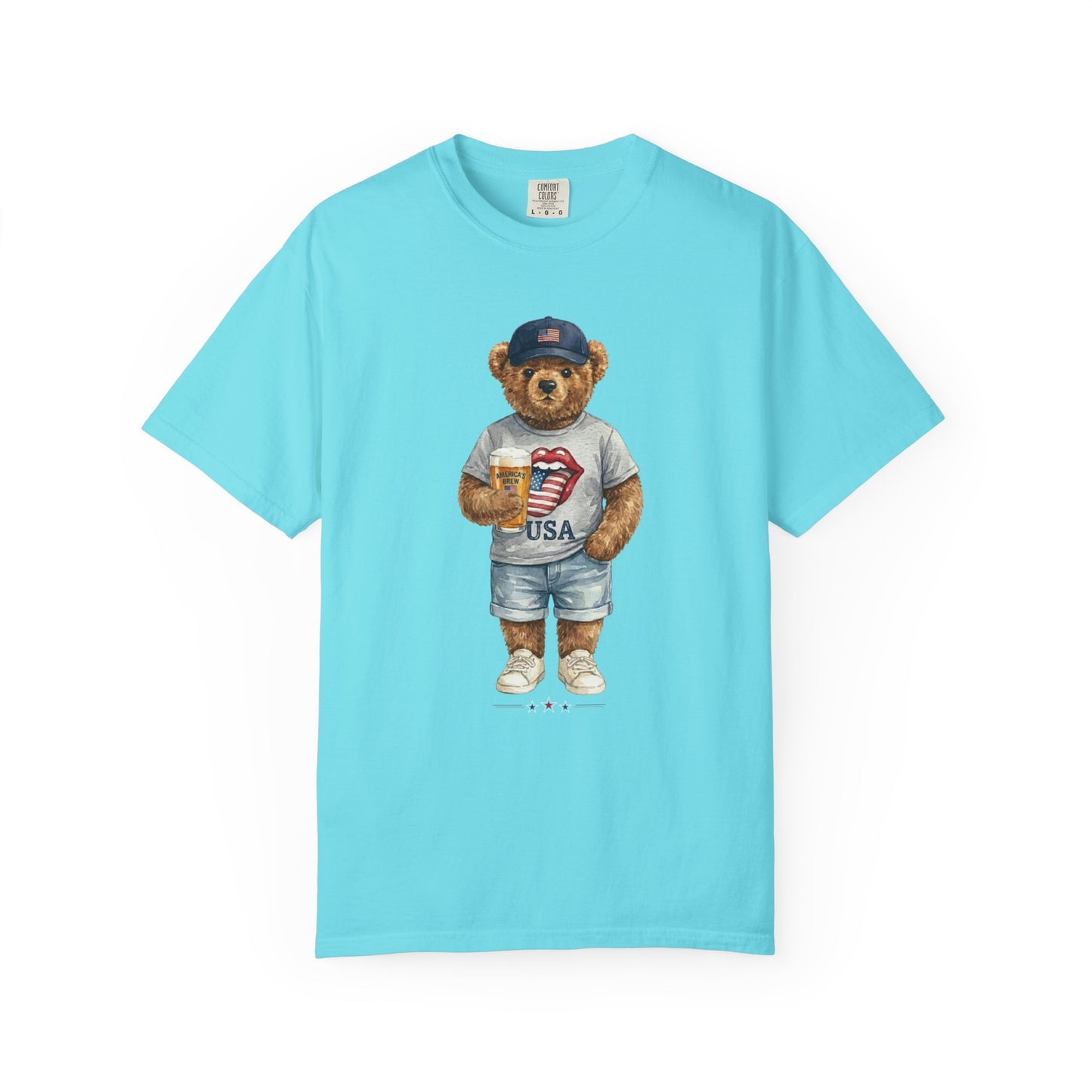 lagoon blue  t-shirt with a bear graphic holding a beer mug on a white background