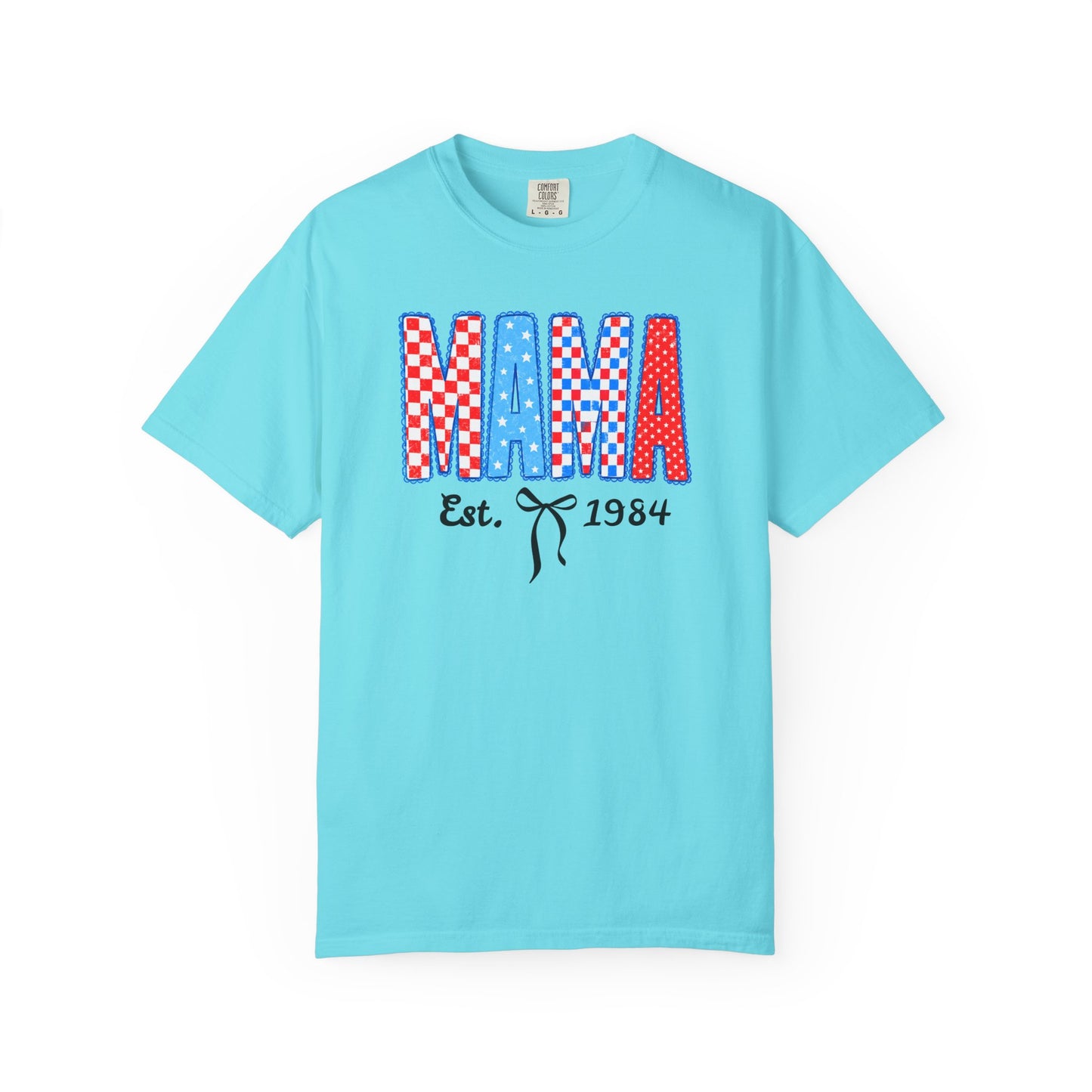 Mama Est. 1984 patriotic graphic t-shirt in lagoon blue— garment-dyed unisex tee with checker MAMA print