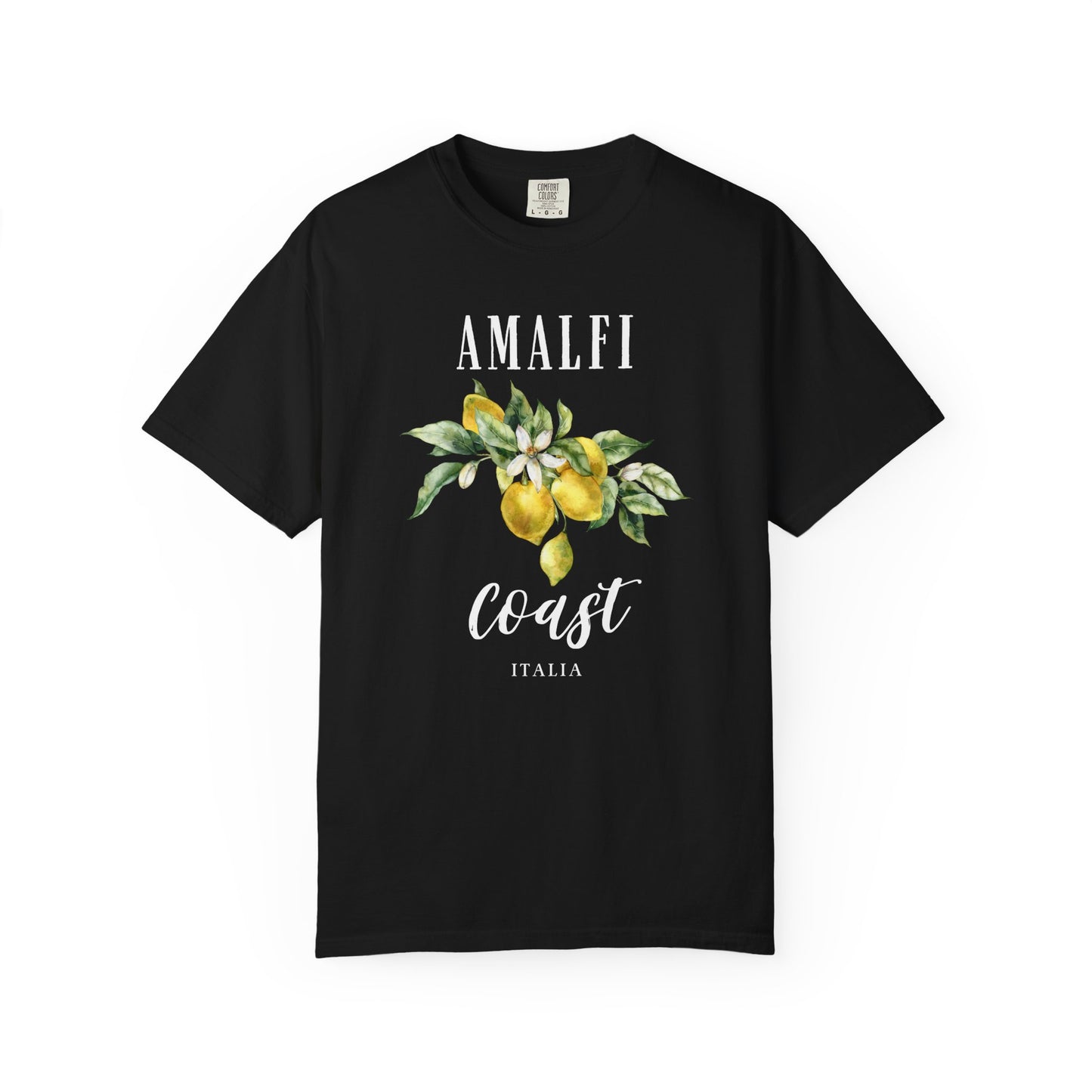Black t-shirt with 'Amalfi Coast Italia' design featuring lemons and leaves on a white background.