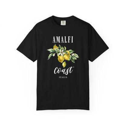 Black t-shirt with 'Amalfi Coast Italia' design featuring lemons and leaves on a white background.