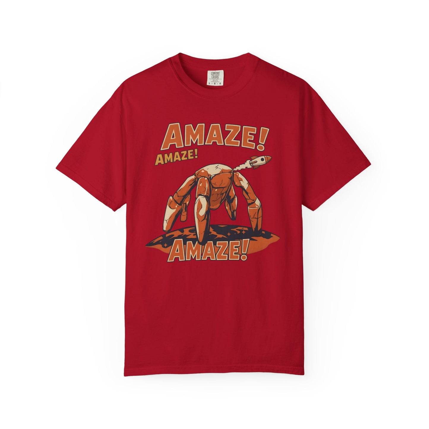 Amaze Rocky Comfort Colors Shirt in Red – sci-fi graphic tee, soft garment-dyed unisex fit