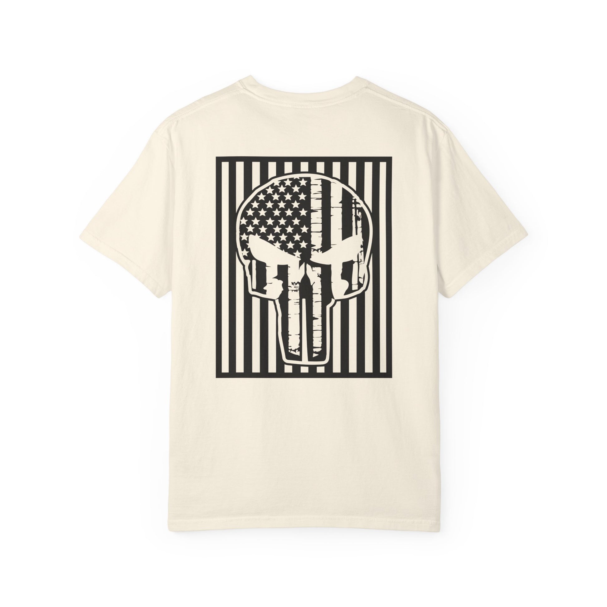 ivory t-shirt with white star and circle design on front, and Punisher skull design on back