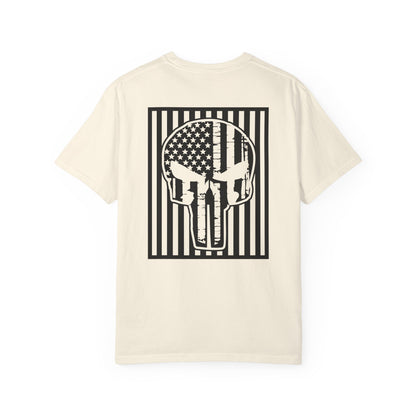 ivory t-shirt with white star and circle design on front, and Punisher skull design on back