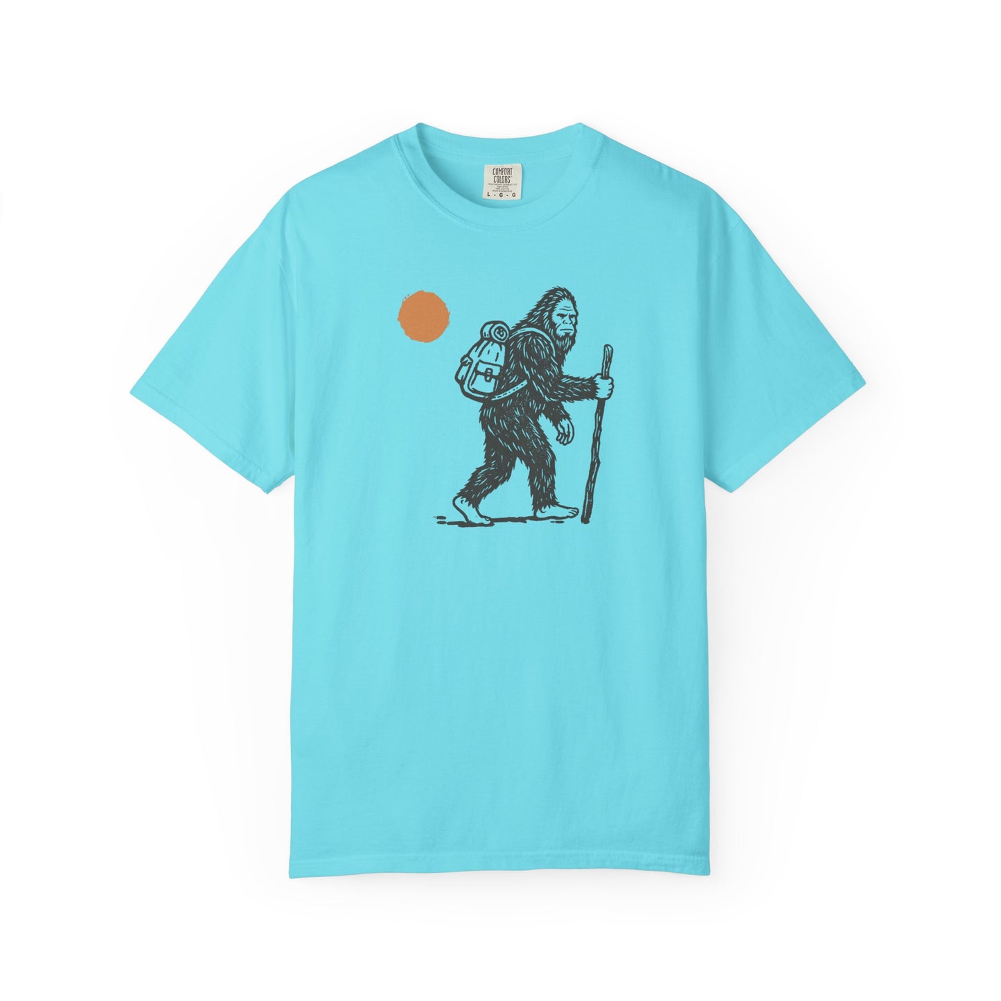 Bigfoot Hiker T-Shirt in Lagoon Blue — Sasquatch with backpack sunset graphic tee
