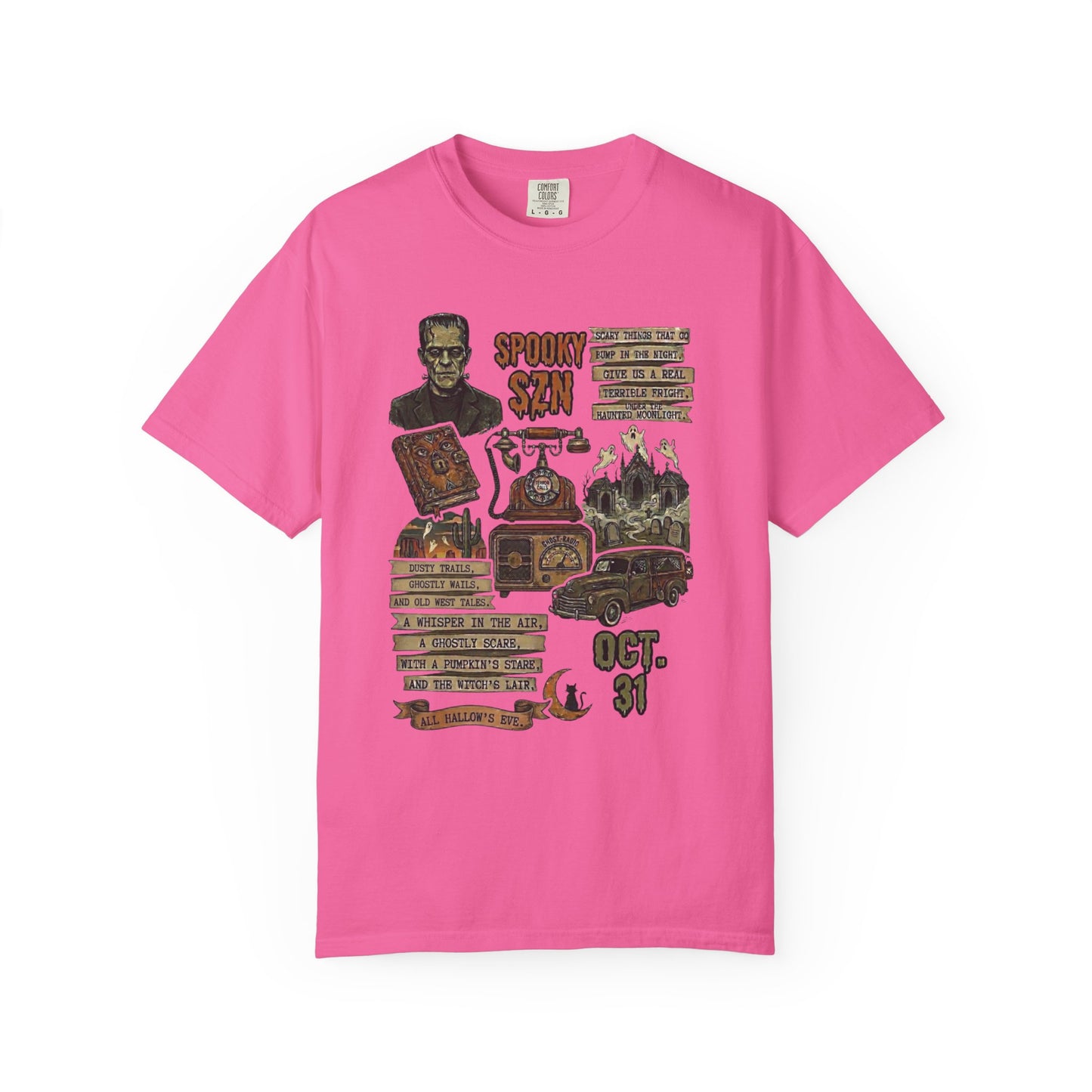 Spooky Season Graphic T-Shirt in Neon Pink — bold Halloween graphic tee, vintage haunted carnival garment dyed