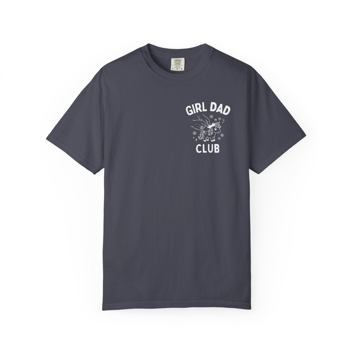 Girl Dad Club navy t-shirt with graphic print on a plain background