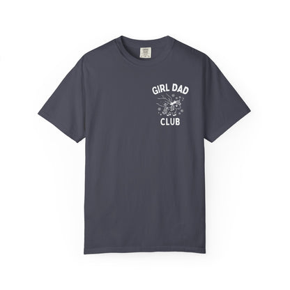 Girl Dad Club navy t-shirt with graphic print on a plain background