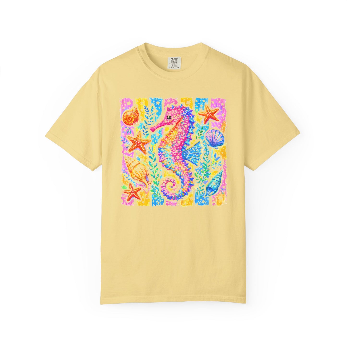 Seahorse Beach Art T-Shirt in Butter — watercolor seahorse with shells and starfish graphic, garment-dyed comfort colors tee
