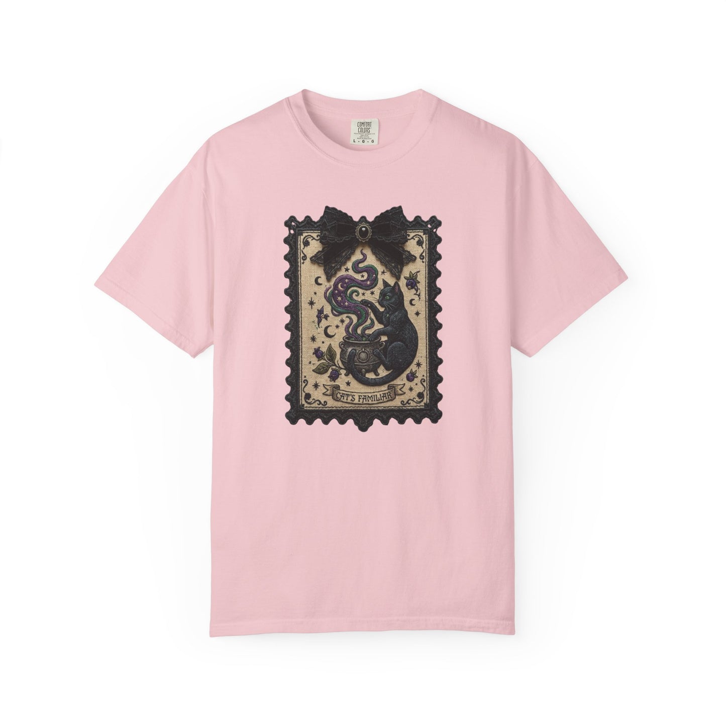 Vintage Black Cat Faux Tarot Stamp T-Shirt in Blossom — faux tarot stamp print, soft garment dyed tee