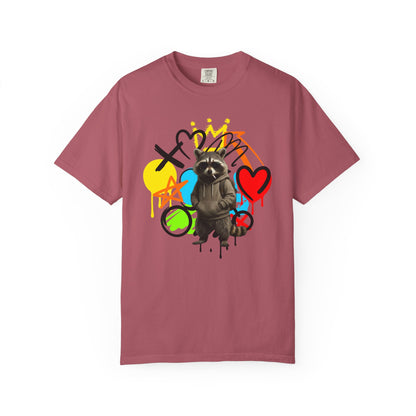 Graffiti Raccoon T-Shirt — Street Art Graphic Tee with Heart & Crown