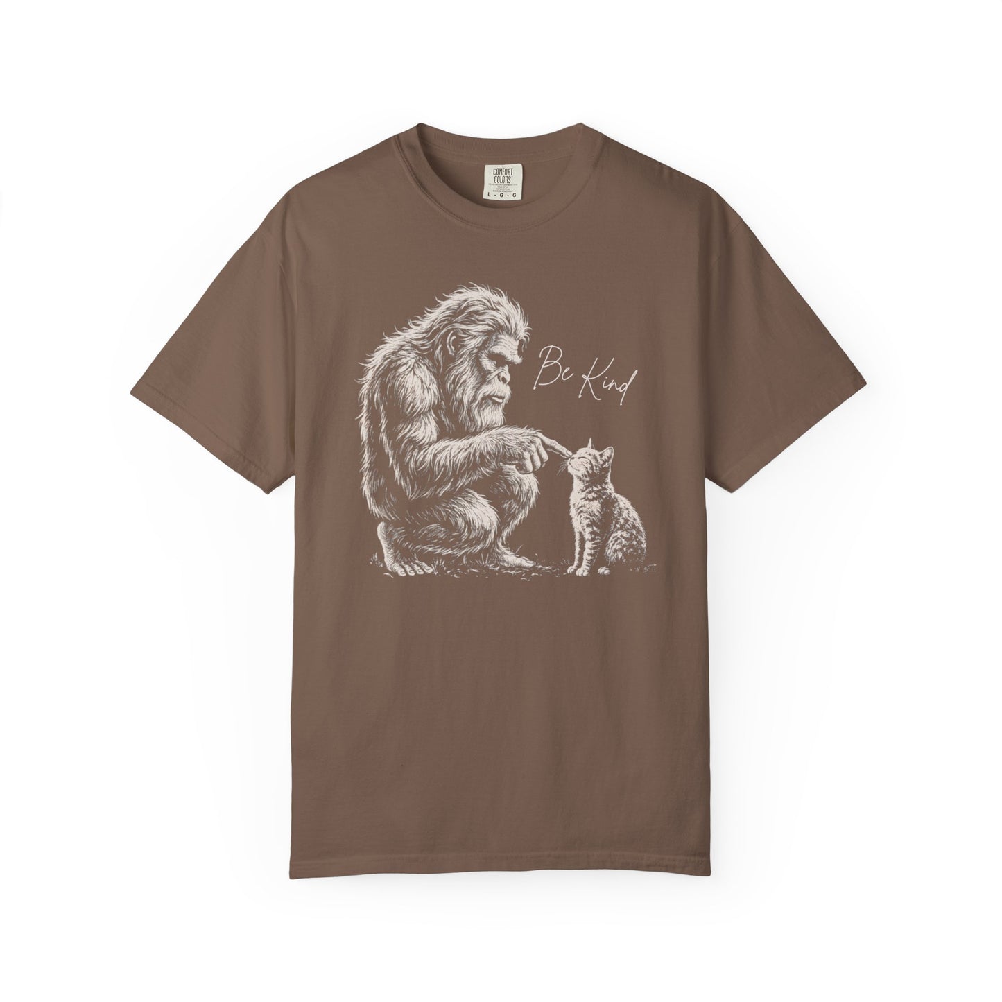 Be Kind Bigfoot & Kitten T-Shirt in Espresso— Sasquatch graphic tee for cat lovers