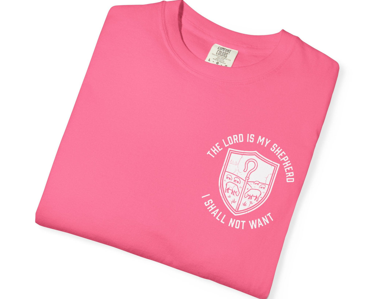 Crunchberry Psalm 23:1 faith shirt with shepherd graphic design and scripture text shown on model