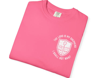 Crunchberry Psalm 23:1 faith shirt with shepherd graphic design and scripture text shown on model