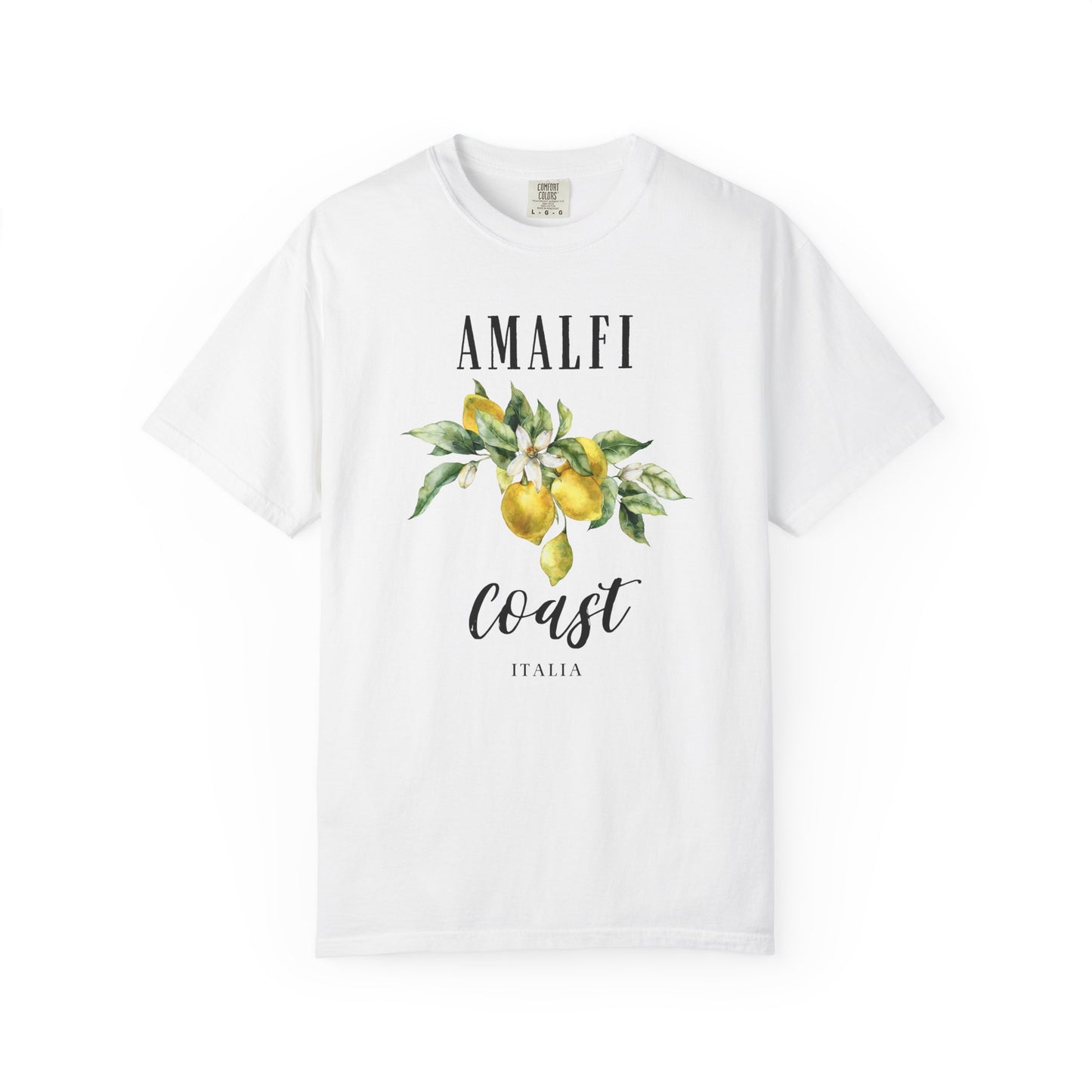 White t-shirt with 'Amalfi Coast Italia' text and lemon graphic on a white background