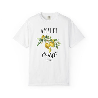 White t-shirt with 'Amalfi Coast Italia' text and lemon graphic on a white background