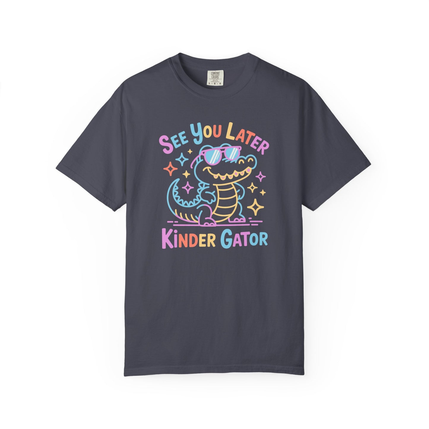 Navy t-shirt with colorful graphic and text 'See You Later Kinder Gator' on a white background