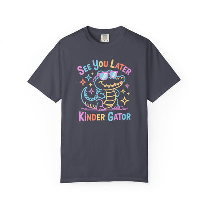 Navy t-shirt with colorful graphic and text 'See You Later Kinder Gator' on a white background