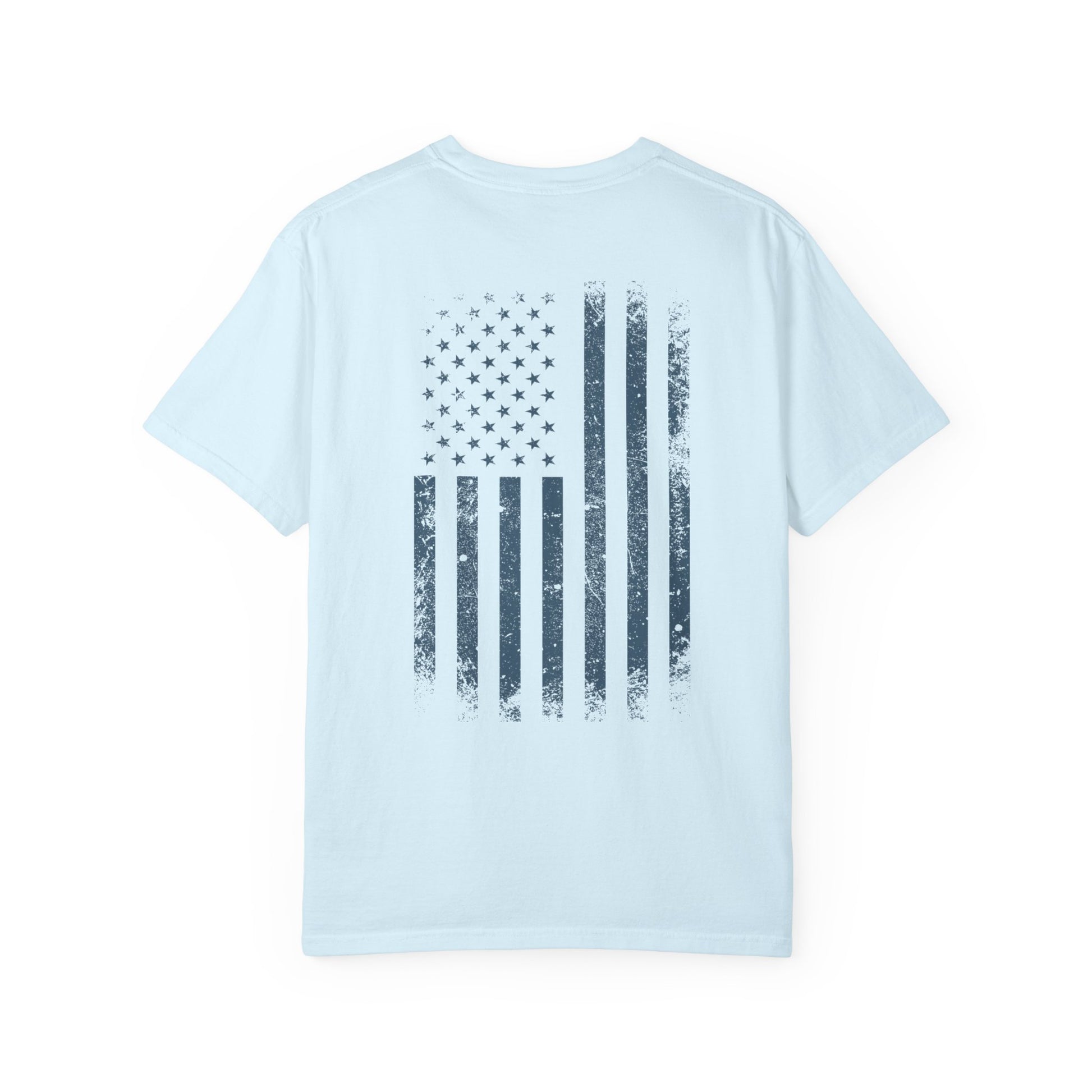 chambray t-shirt with blue graphic design  of soldiers and a flag on front and back 