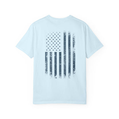 chambray t-shirt with blue graphic design  of soldiers and a flag on front and back 