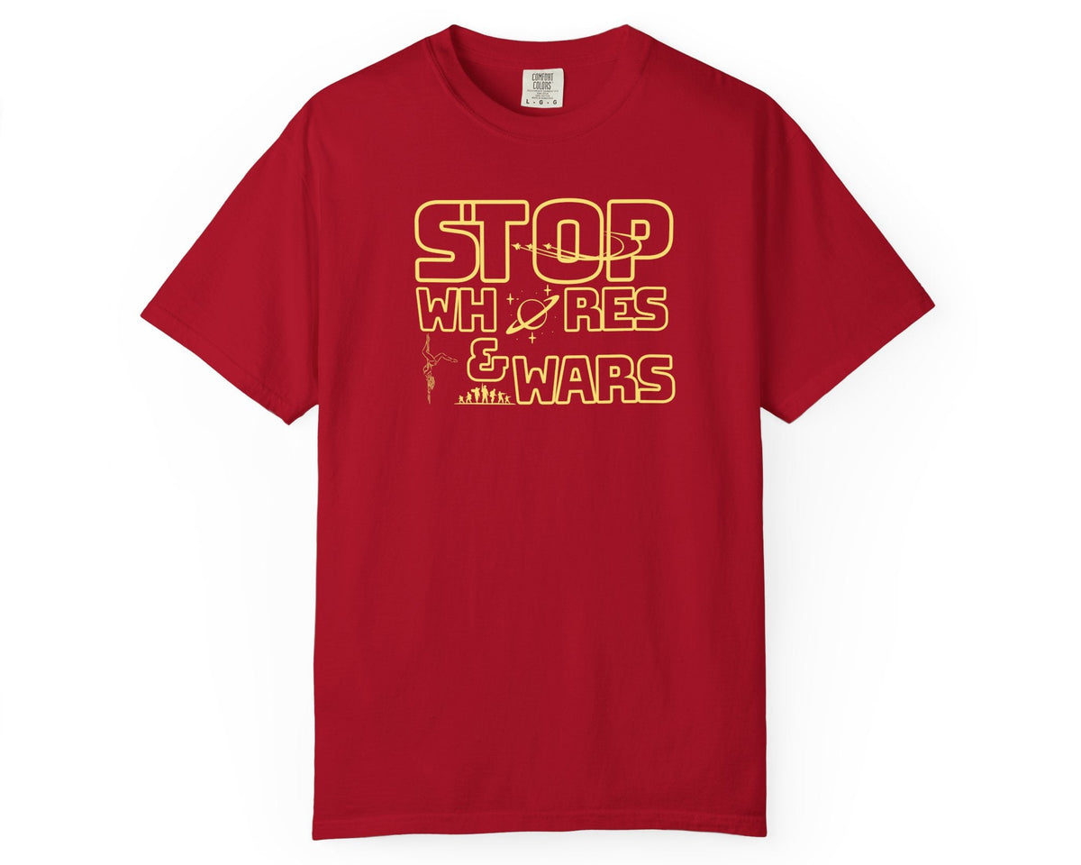"STOP Wars graphic t-shirt in Red — heavyweight garment-dyed cotton statement tee"