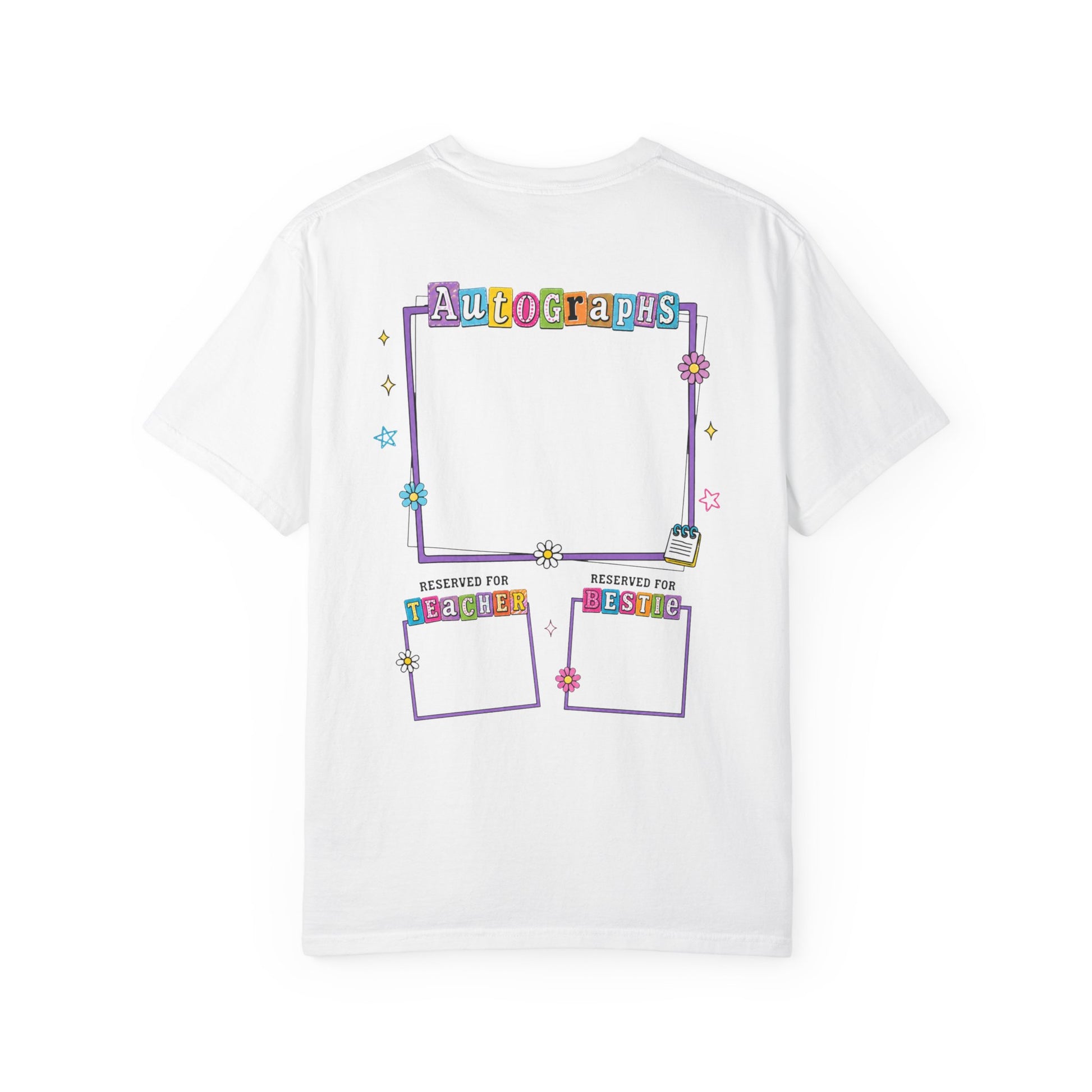 White t-shirt with colorful 'Autographs Reserved' design on a white background