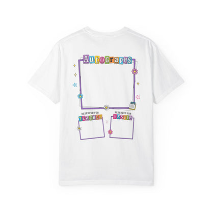 White t-shirt with colorful 'Autographs Reserved' design on a white background