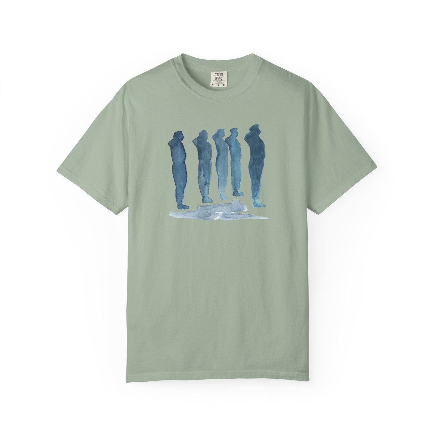 bay  t-shirt with blue graphic of five figures on a white background