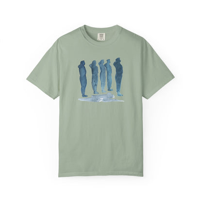 bay  t-shirt with blue graphic of five figures on a white background